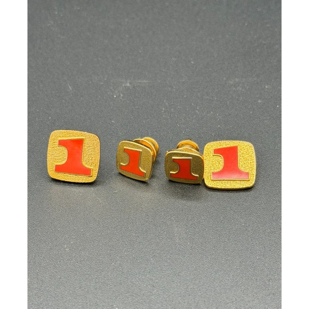 Vintage Red Number 1 Enamel Lapel Pins & Cufflinks Set Gold Tone Screw Back
